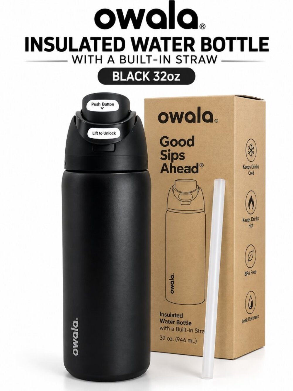Owala FreeSip Stainless Steel Water Bottle 32 oz Very, Very Dark